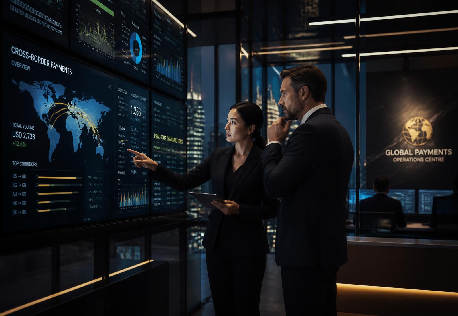 Payment specialists reviewing cross-border transaction data